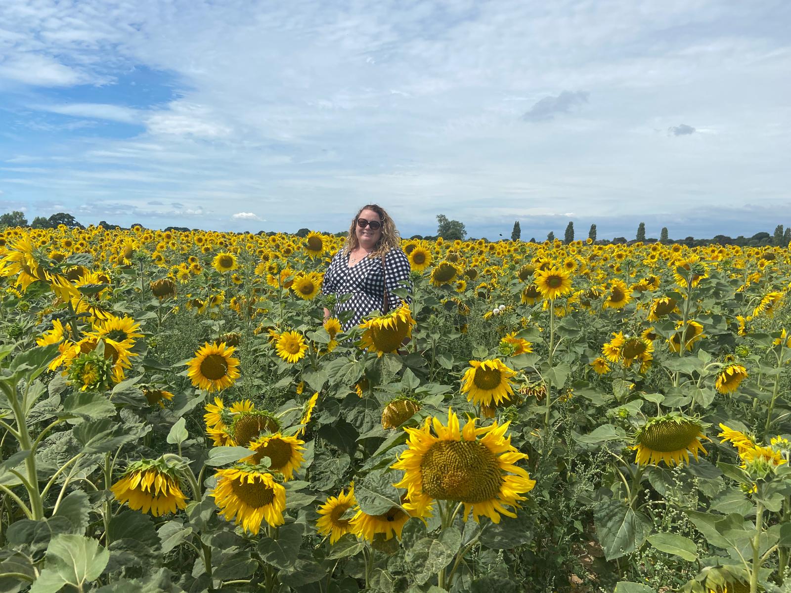 Local Tewkesbury counsellor Tammie Bell in field of glorious yellow sunflowers